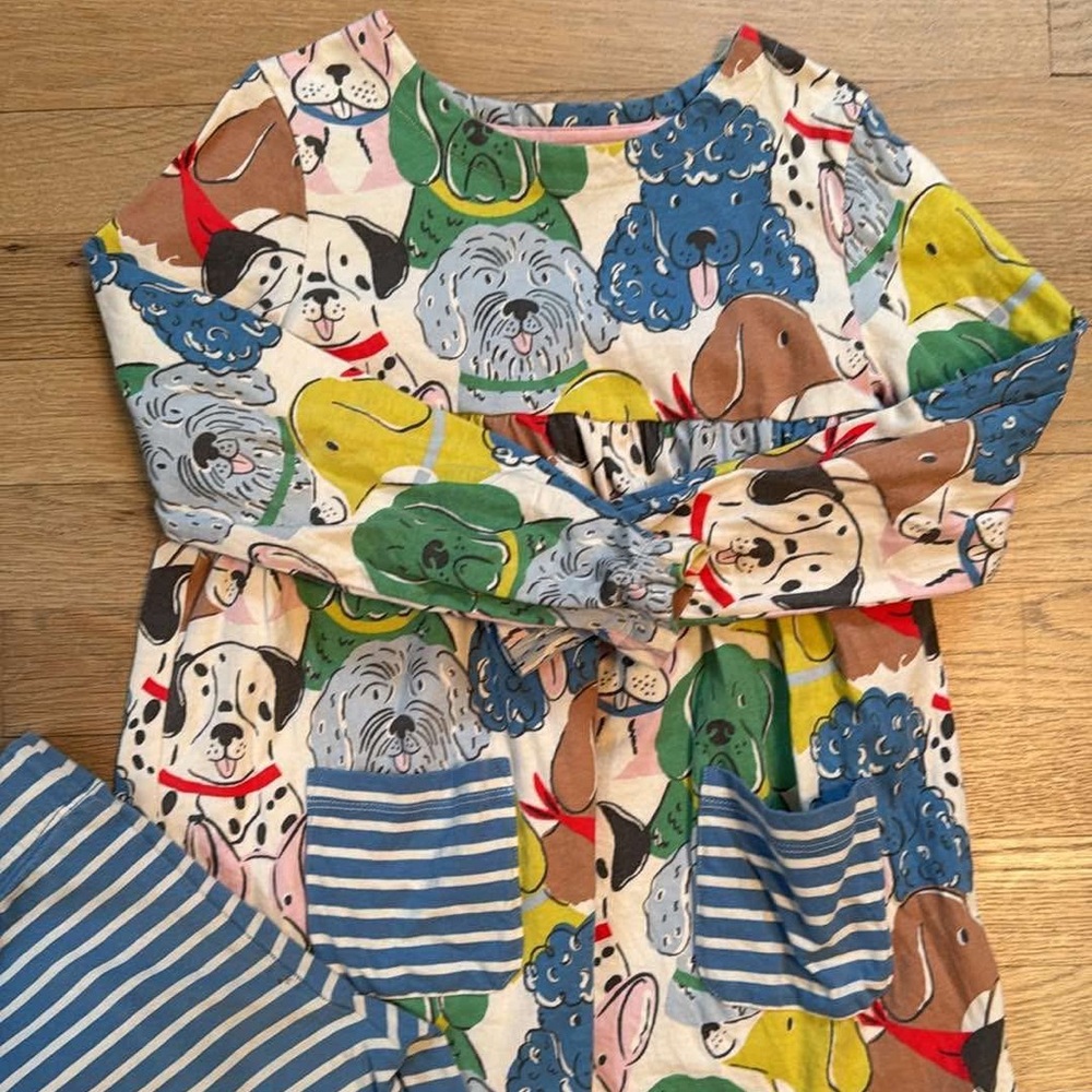 Mini Boden Colorful Dog Print Dress with Striped Pockets size 6-7 with leggings
